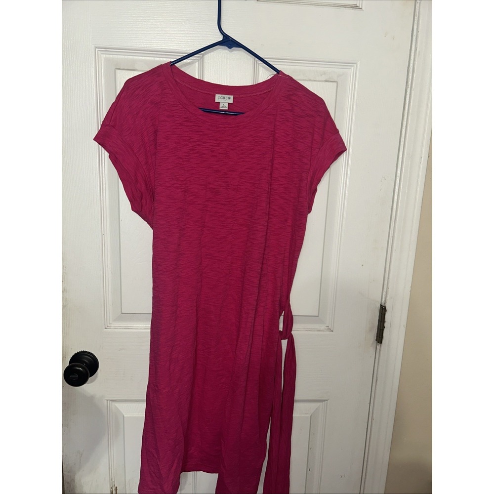 J.CREW Womens Bright Pink  Striped T-Shirt Dress L Crew Neck Tie Belted